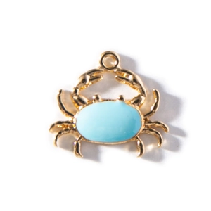 Golden crab charm with light blue enamel inlay for DIY necklaces and jewelry making