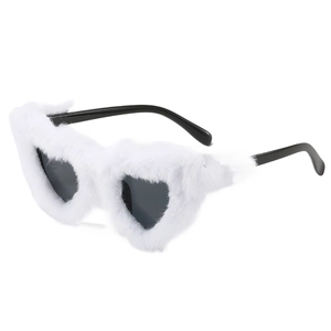 Fashion heart shaped sunglasses with white plush trim and black frames for party events