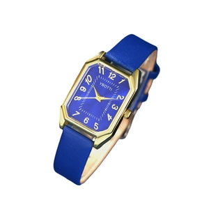 Elegant blue leather square quartz watch with gold case and rhinestone accents for women