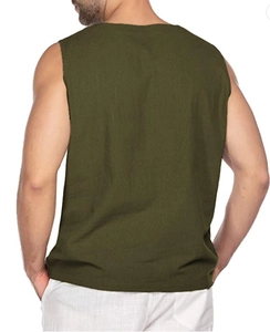 Rear view of olive green sleeveless linen shirt for men featuring casual lace-up style