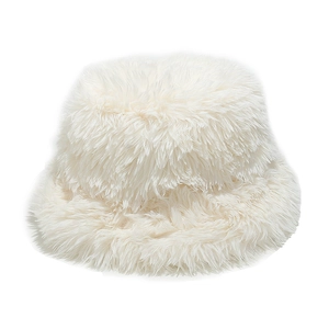 Close-up of soft fluffy white faux fur texture on a warm winter bucket hat for women