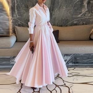 Robe chemise rose clair à manches longues pour femme avec jupe longue plissée évasée
