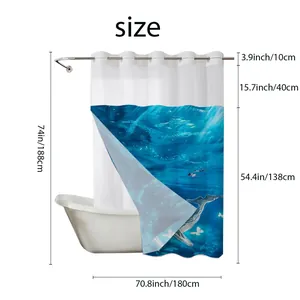 Detailed size chart for the double-layer marine dolphin shower curtain in centimeters and inches