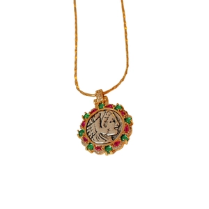 Vintage gold plated portrait necklace with cubic zirconia and colored gemstones
