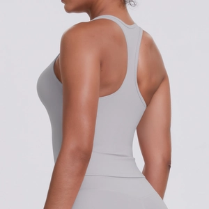 Detailed racerback design of light grey fitness tank top with sweat-wicking fabric