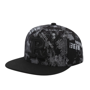 Streetwear black snapback hat with 3D letter R embroidery and white graffiti patterns
