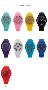 Selection of colorful Geneva quartz watches with silicone straps in various candy tones