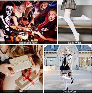 Vue détaillée en quatre volets de chaussettes hautes blanches pour cosplay et mode