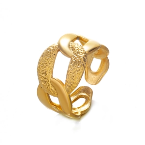 Retro 18K gold plated stainless steel curb chain ring with textured link design