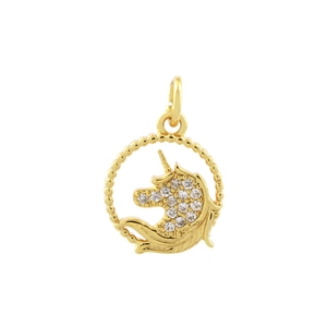 Gold-plated unicorn pendant with sparkling cubic zirconia crystals on white background