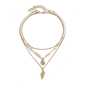 Men's summer beach style gold triple layer necklace with sun and conch shell pendants