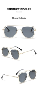 Three-angle view of gold pilot sunglasses with hollow metal rivets and dark grey lenses