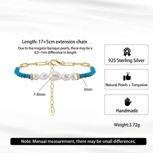Natural freshwater pearl and turquoise S925 sterling silver paperclip chain bracelet