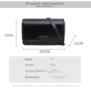 Size chart for black textured PU leather crossbody bag with dimensions and weight