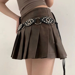 Y2K vintage dark brown pleated mini skirt with black studded ring belt and side ties