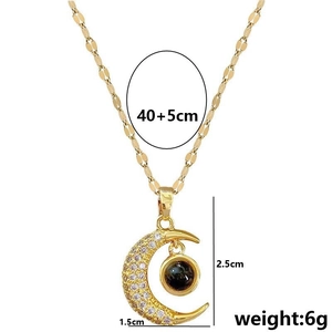 Titanium steel moon necklace with crystals and 100 languages projection in gold finish