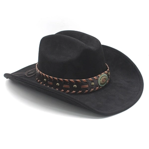 Detailansicht schwarzer Cowboyhut aus Wildlederimitat mit Ethno-Band und Türkis-Verzierung