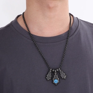 Vintage oxidized steel necklace for men with engraved shields and blue devil eye pendants