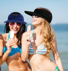 Women's wide brim open top sun visor hats in navy and black for beach sun protection