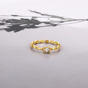 Golden chain link open ring with a sparkling square zircon gemstone for women