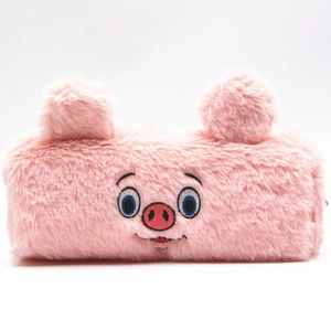 Close-up of pink plush pencil case with cute pig embroidery and soft 3D ears detail