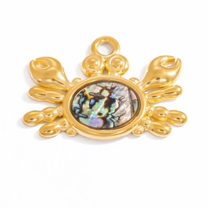 Detailed close-up of a golden crab pendant with iridescent abalone shell inlay