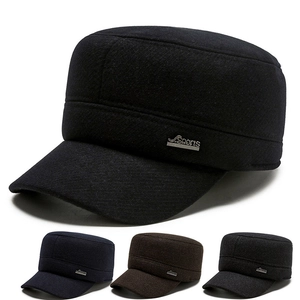 Men Winter Cadet Cap Woolen Fabric Ear Protection Warm Military Style Flat Top Hat Adjustable Sports Metal Badge