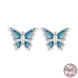 925 Sterling Silver Blue Butterfly Stud Earrings For Women Exquisite Gradient Enamel Animal Small Jewelry Gift