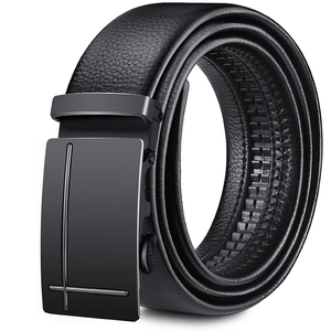 Men's black leather belt with automatic buckle and lychee texture on white background