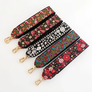 Ethnic style jacquard thick wide shoulder straps with floral embroidery and gold hooks