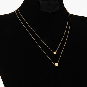 Minimalist double layer stainless steel necklace with gold Love cube pendants