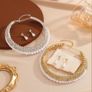 Elegant multi-layer pearl necklace and earring jewelry set with sparkling rhinestones