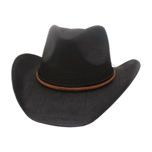 Chapeau de cowboy western classique noir tissé avec bande tressée marron sur blanc