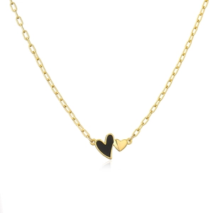 Chic gold paperclip chain necklace featuring double heart pendants with black enamel
