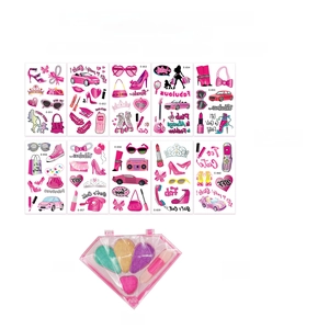 Girl party set with 10 pink cartoon tattoo stickers and diamond-shaped makeup palette