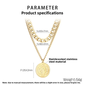 Detailed specs of double layer gold stainless steel necklace with size measurements