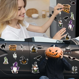 Magnetic Halloween stickers with ghosts and pumpkins displayed on a fridge and car door