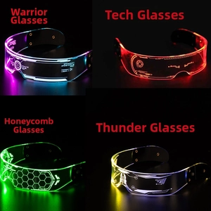 Detailed close-up of four LED futuristic glasses with laser-engraved neon circuit patterns