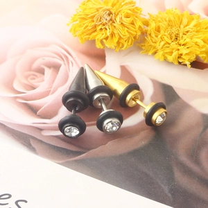 Three pairs of stainless steel cone spike earrings in black, gold, and silver finishes