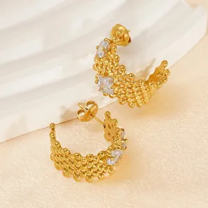 C-Shaped Hoop Earrings 18K Gold Plated Stainless Steel Hollow Mesh Geometric Zircon Inlay Vintage Fashion Jewelry For Women