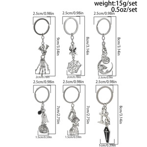Detail view of 6 Halloween silver metal keychains with size and weight specifications