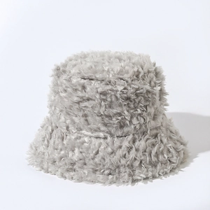 Solid grey fuzzy faux fur bucket hat for winter warmth with thick plush texture