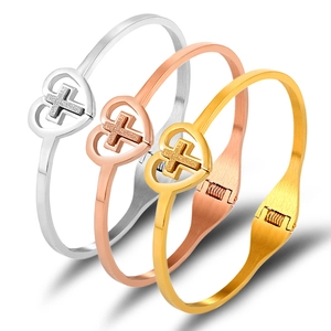 Heart Cross Stainless Steel Bangle For Women Gold Rose Gold Silver Plated Religious Heart Cross Hinge Bracelet Fashion Jewelry Gift