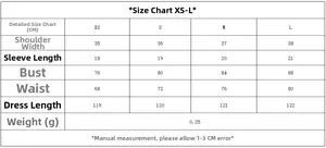 Size chart for women's vintage polka dot dress with measurements from XS to L