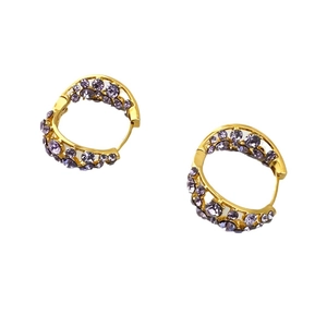 Exquisite gold-plated hoop earrings featuring intricate wave patterns and purple zircon crystals