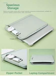 Light green laptop sleeve with multi-compartment design and front zipper pocket