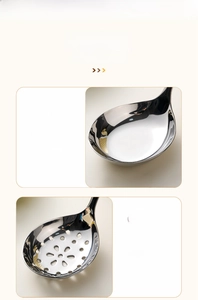 Detail of deep 304 stainless steel soup spoon and skimmer with uniform leakage holes