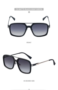 Detail of matte black aviator sunglasses with gray green lenses and gold temple accents