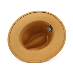 Detail view of khaki wool fedora inner lining with material tag and fine stitching