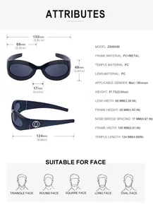 Detailed size chart for Y2K cycling sunglasses showing frame dimensions and face fit guide